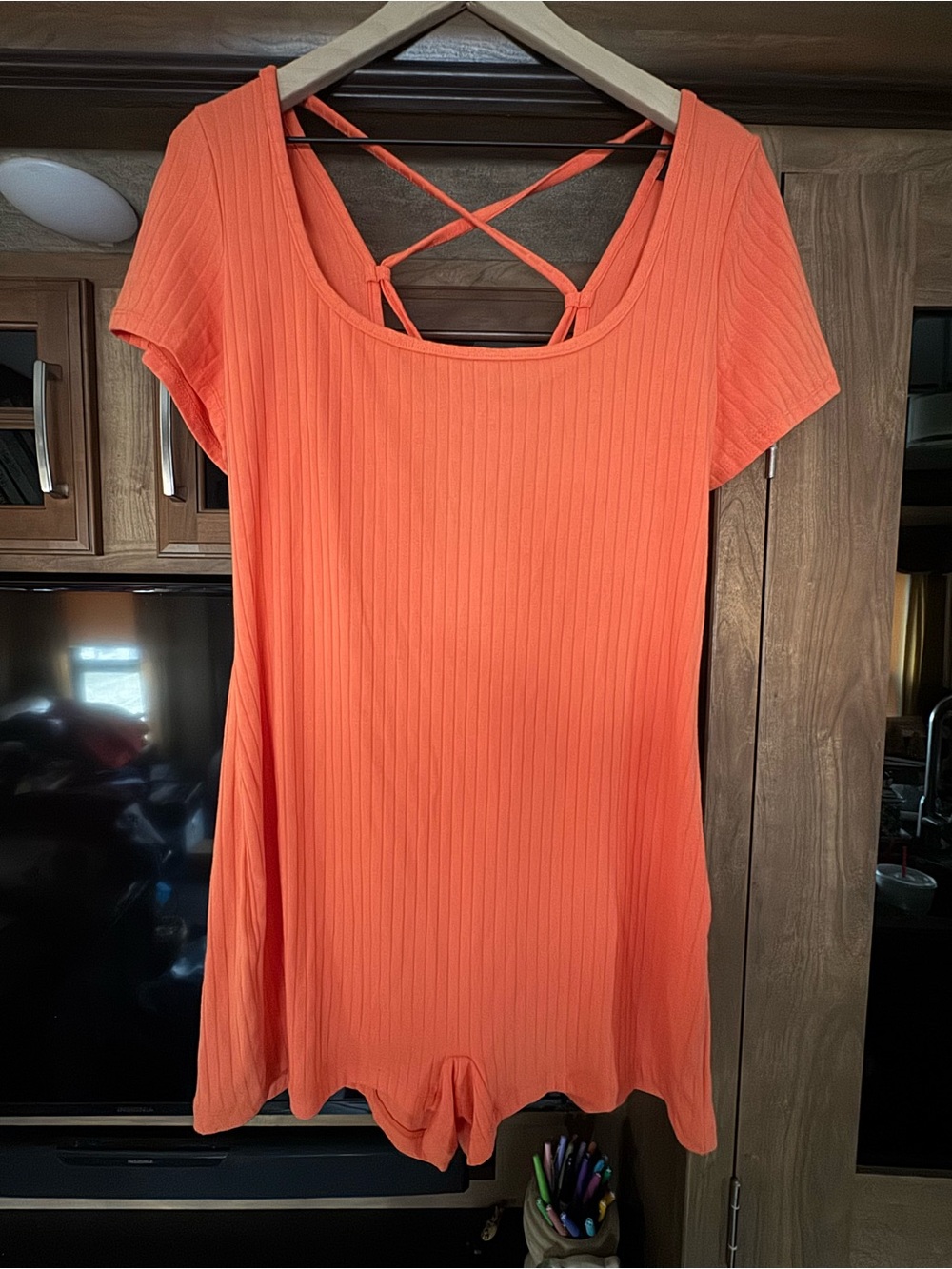 wild fable Orange Ribbed Short Sleeve Romper with Crisscross Back
